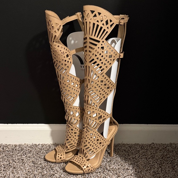 Tan Cutout Knee-High Women's Boots - Picture 2 of 6